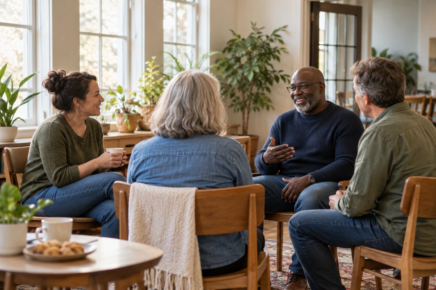 Adults sharing a relaxed conversation in a bright community room