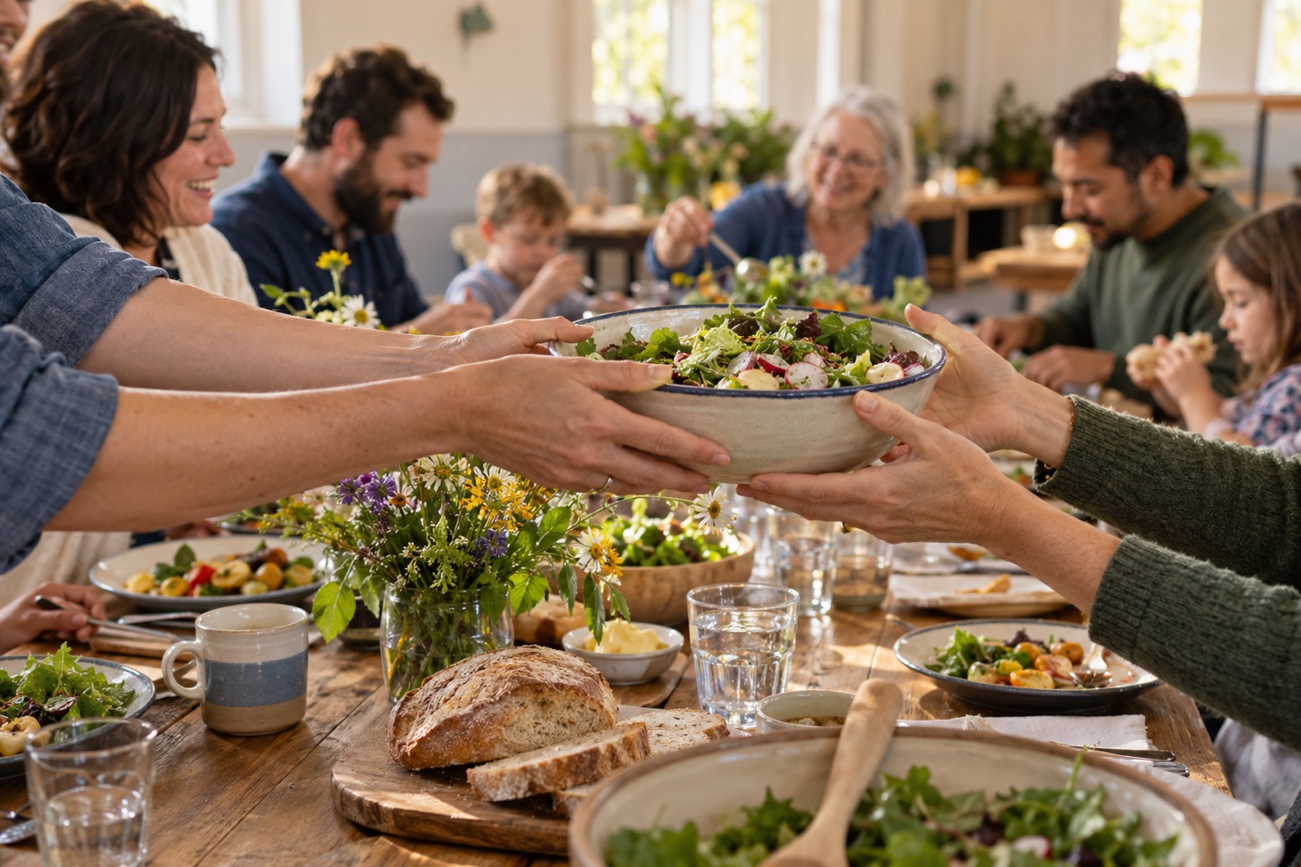 People sharing a meal and passing a serving bowl around a table