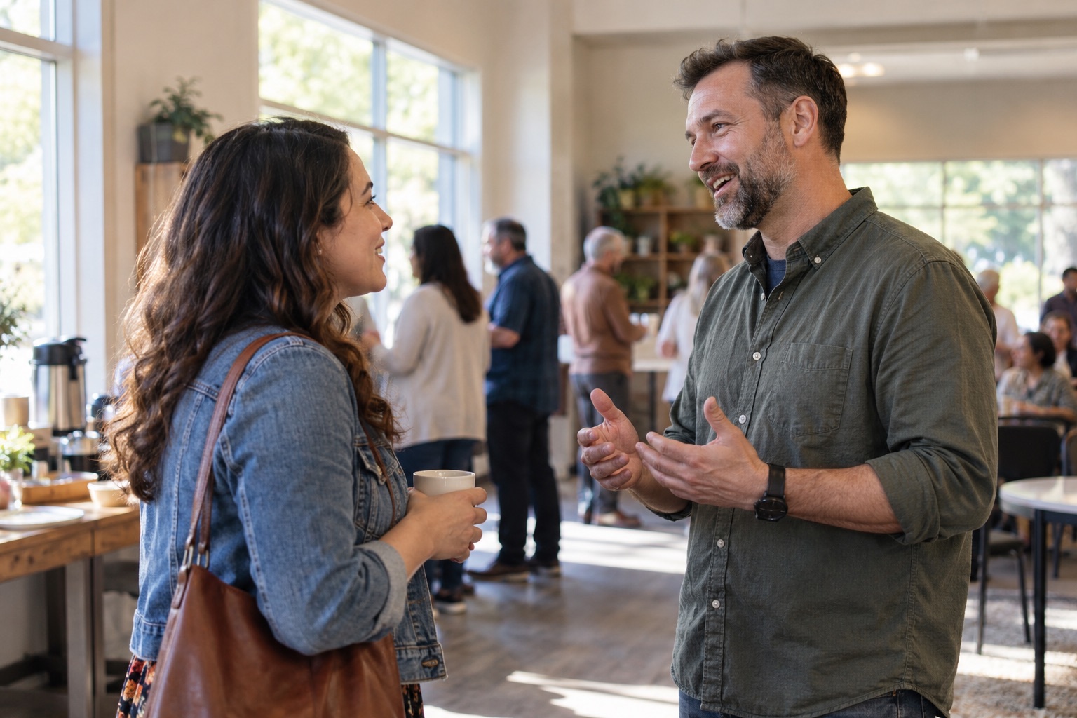 A visitor and a community host sharing a conversation in a sunlit gathering room